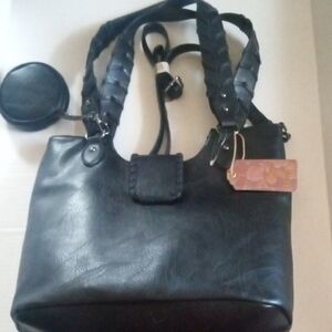 Braided Strap Black Shoulder Bag with Coin Pouch